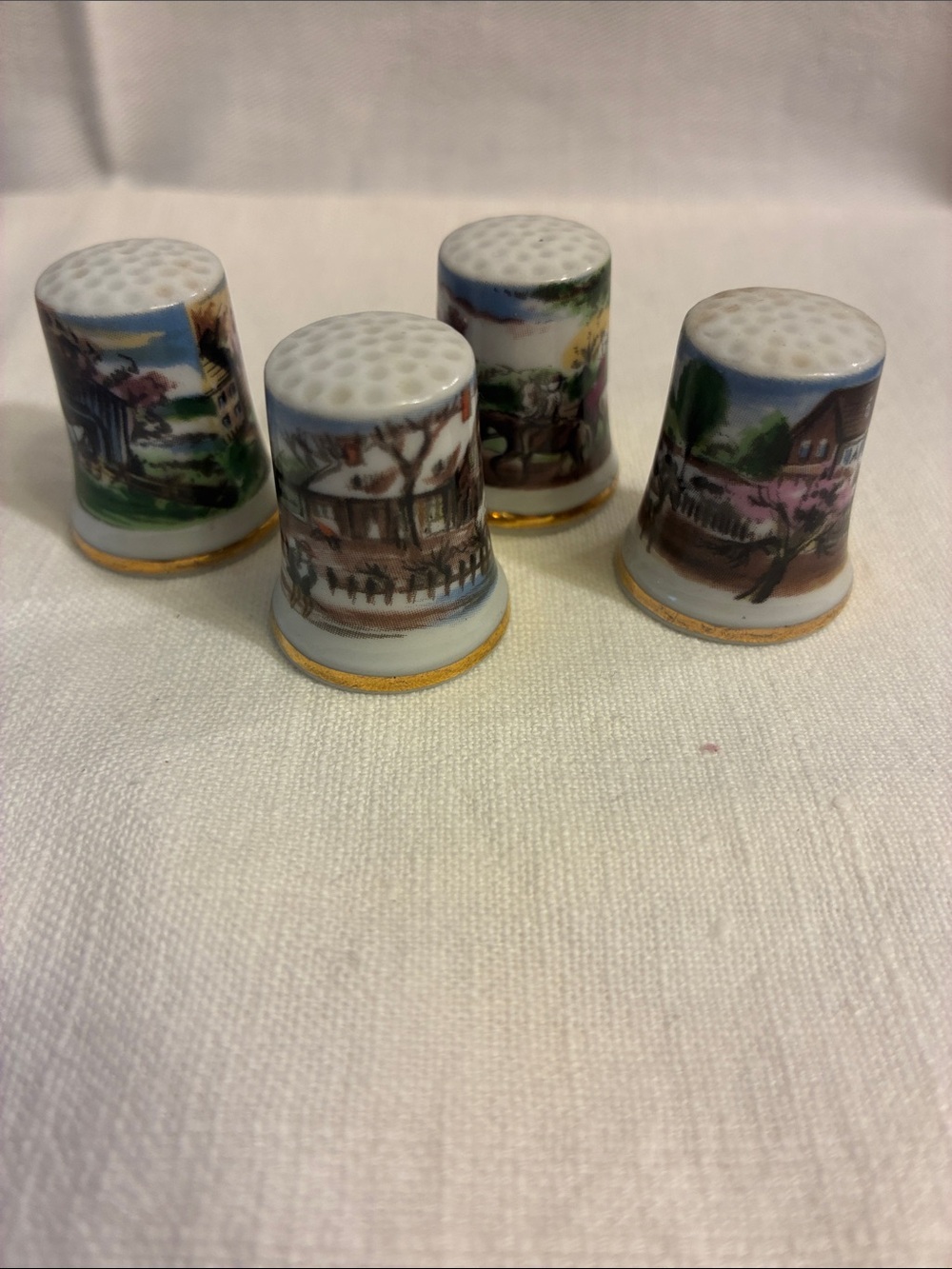 Vintage Japan Porcelain Scenic Village Thimble Set of 4 Farm Horses